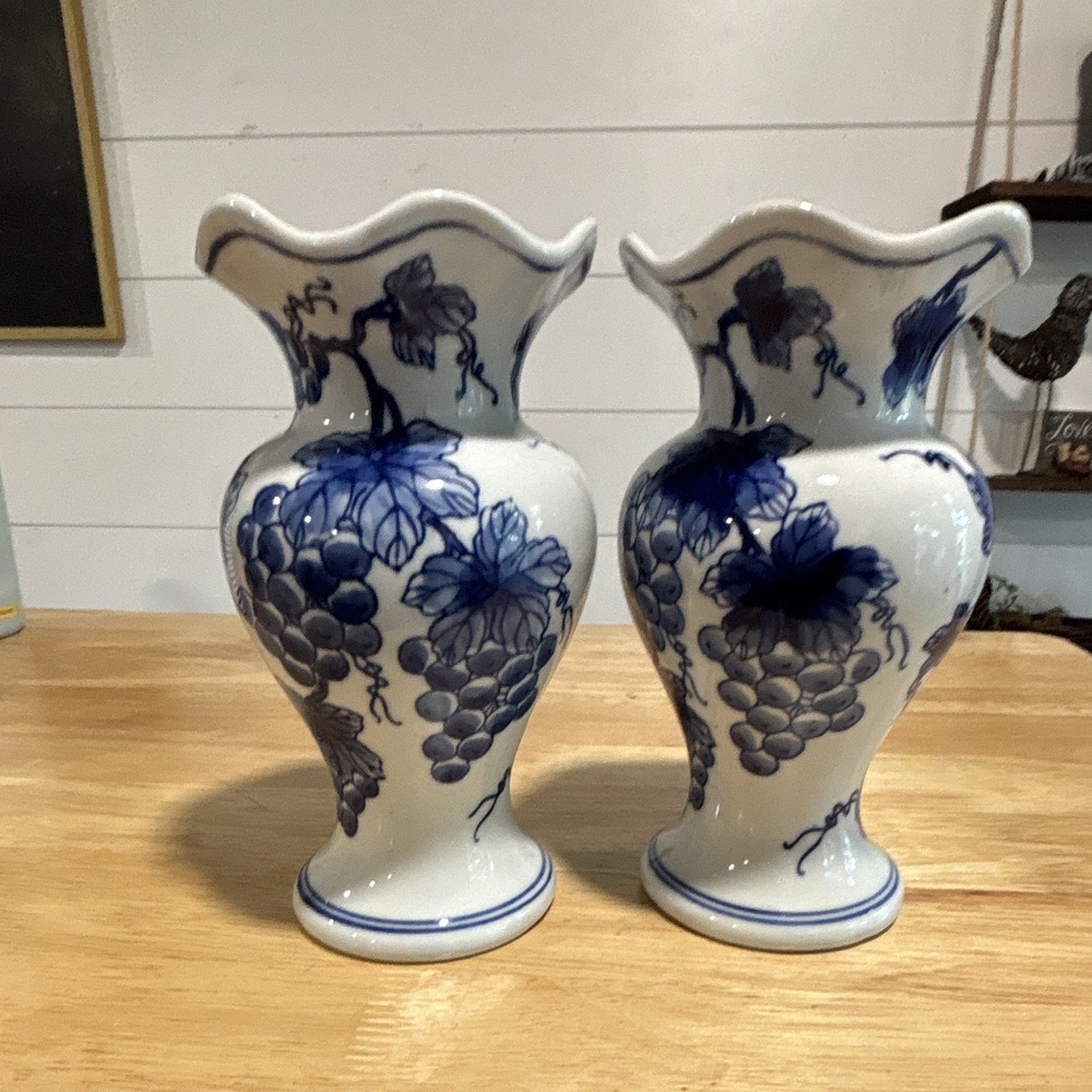 Vintage Pair Blue & White Ceramic Vases Grapevine Pattern Glossy